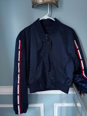 Navy Bomber Jacket with Red & White Stripe